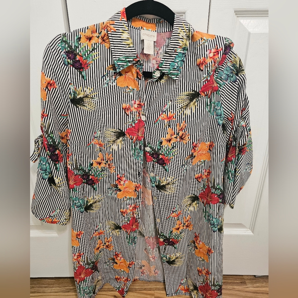 Chicos Floral Striped Blouse, Size 0